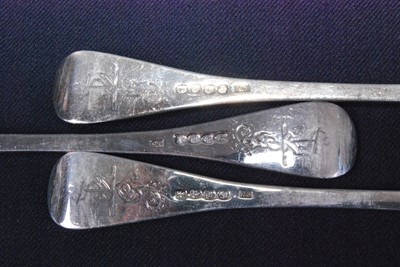 Lot 1154 - A set of five late Georgian silver table forks...