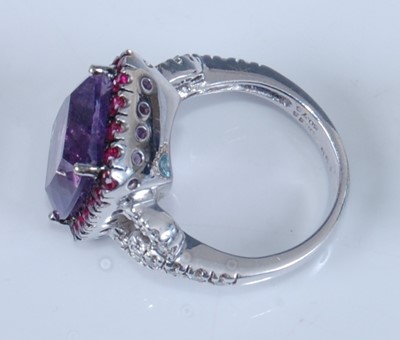 Lot 1228 - A white metal, amethyst, ruby and diamond...