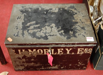 Lot 232 - A 20th century tin trunk, painted Morley Esq,...