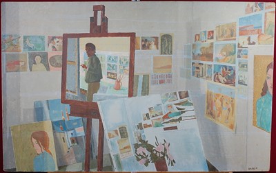Lot 225 - Peter Reid - The Artist's Studio, oil on...