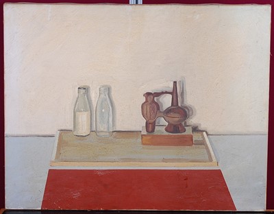 Lot 229 - Peter Reid - Still Life Study of Bottles, oil...