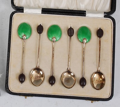 Lot 96 - A set of six Art Deco silver and green...