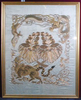 Lot 1359 - A Chinese embroidery and gold thread on silk...