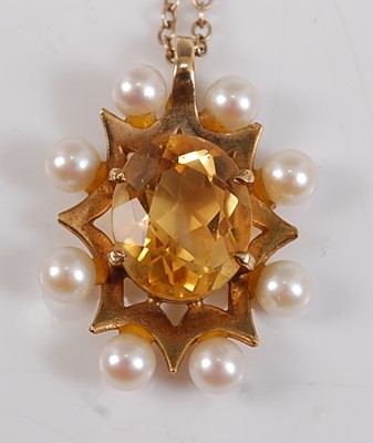 Lot 2641 - A 9ct yellow gold, citrine and pearl pendant,...