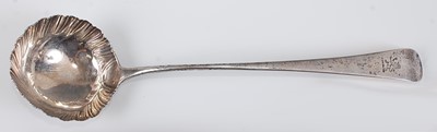 Lot 1182 - A mid-18th century silver soup ladle,  in the...