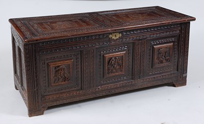 Lot 1583 - *A circa 1700 joined oak three panel coffer,...