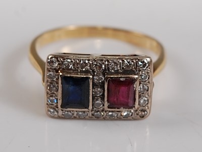 Lot 2678 - A yellow metal, ruby and sapphire rectangular...