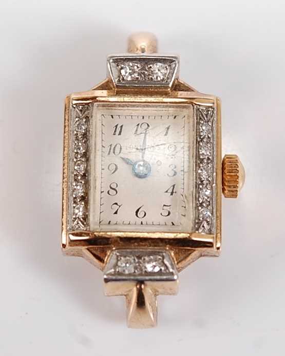 Lot 2609 - A yellow metal Art Deco style Longines diamond...