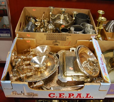 Lot 282 - Two boxes of plated and pewter wares to...