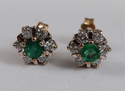 Lot 2616 - A pair of 9ct yellow and white gold emerald...