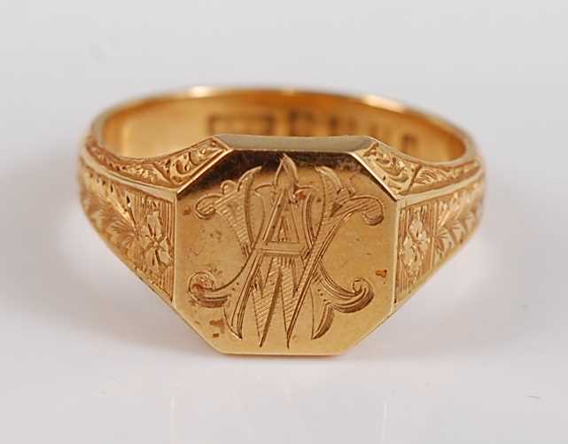 Lot 2508 - An 18ct yellow gold octagonal signet ring,...