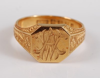 Lot 2508 - An 18ct yellow gold octagonal signet ring,...