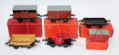 Lot 232 - Five post was Hornby no. 50 wagons:- cattle,...
