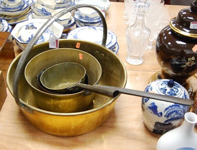 Lot 113 - A large brass preserve pan, dia. 42cm,...