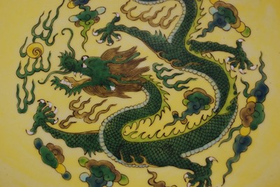 Lot 128 - A Chinese export yellow glazed charger,...