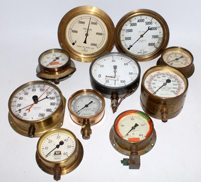Lot 25 - Ten various brass and metal cased pressure...