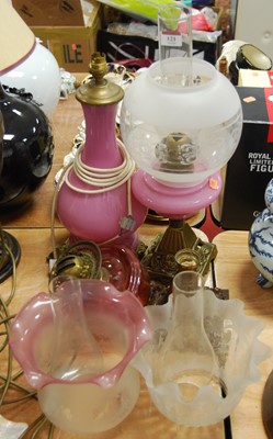 Lot 121 - A Victorian cranberry glass lamp font,...