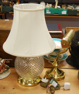 Lot 179 - A pressed glass and brass table lamp and shade,...