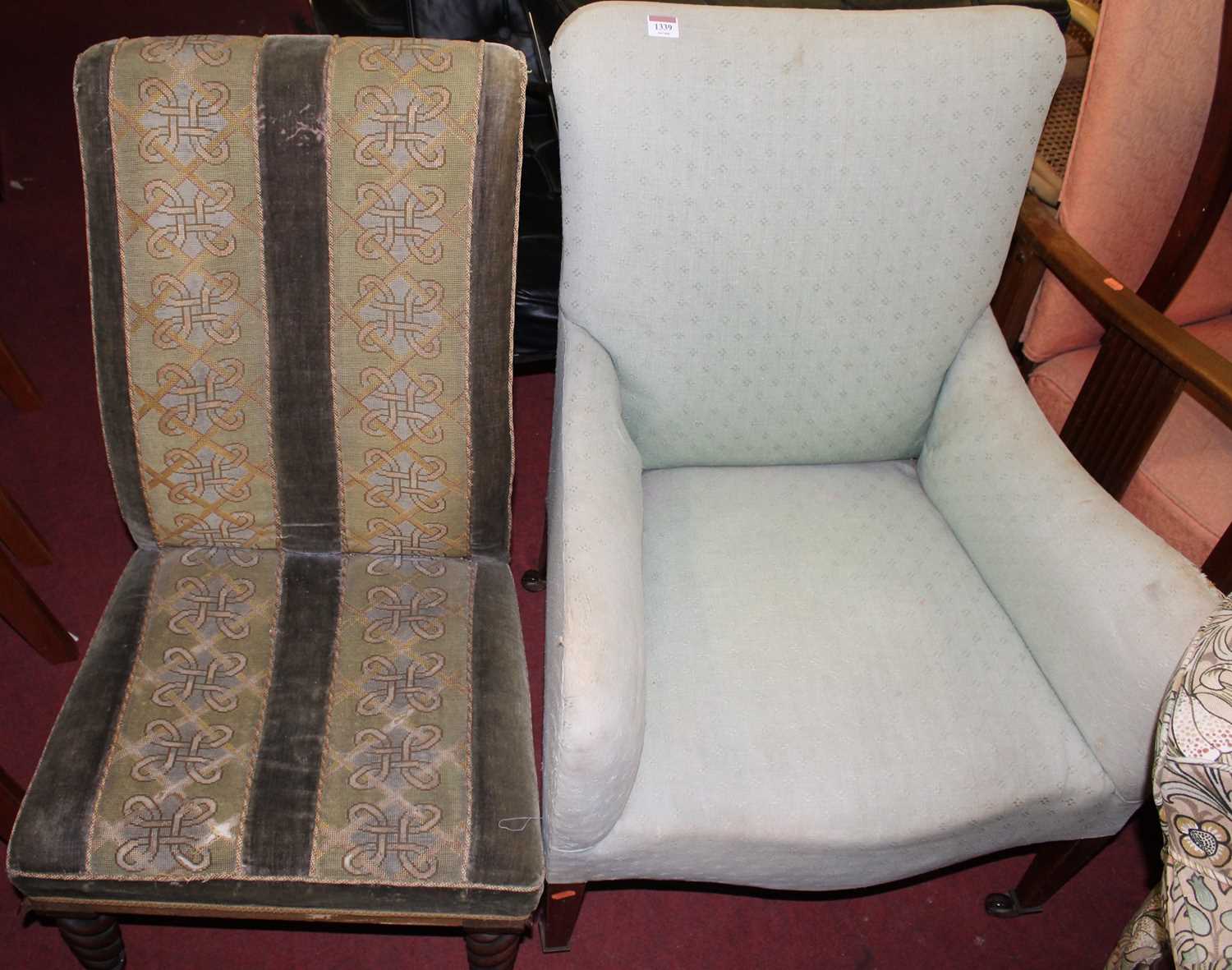 Lot 1339 - A circa 1900 blue floral upholstered armchair,...