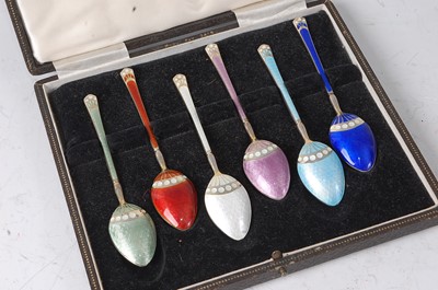 Lot 2167 - A cased set of six silver and guilloche enamel...