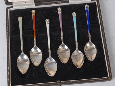 Lot 2167 - A cased set of six silver and guilloche enamel...