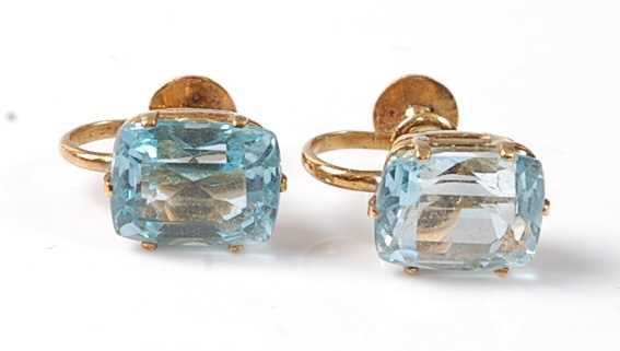 Lot 2234 - A pair of yellow metal aquamarine earrings,...