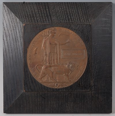Lot 15 - A WW I bronze memorial plaque, naming John...