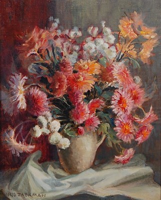 Lot 254 - Iris Jackman - Chrysanthemums in a jug, oil on...