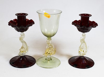 Lot 271 - A pair of Venetian cranberry glass...