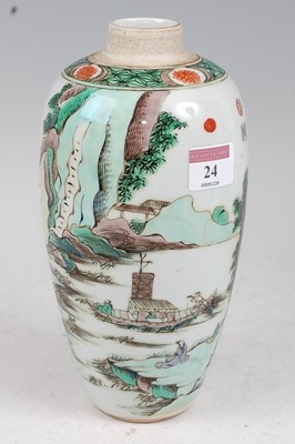 Lot 24 - A Chinese Famille Verte vase of slender ovoid...