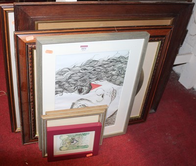 Lot 1031 - Assorted prints, pine framed wall mirror etc