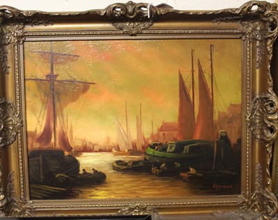 Lot 1037 - Russian school - Harbour scene at sunset, oil...