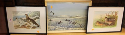 Lot 1042 - T.W. Tait - Ducks in flight in winter,...