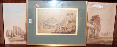 Lot 1046 - Follower of David Cox - Cattle at a mountain...