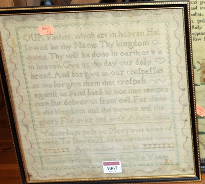 Lot 1067 - A George III needlework verse sampler by Sarah...