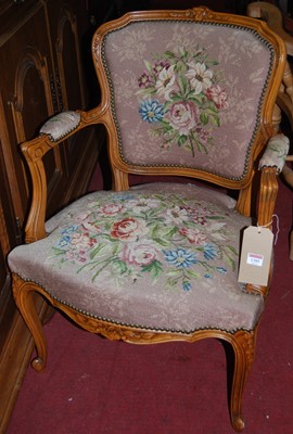 Lot 1385 - A Louis XV style beech floral tapestry...