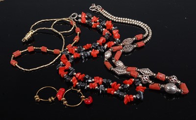 Lot 358 - Three various coral set necklaces; together...