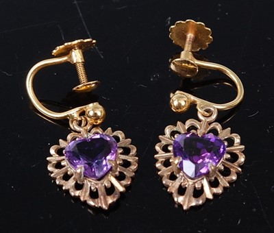 Lot 306 - A pair of yellow metal amethyst drop earrings,...