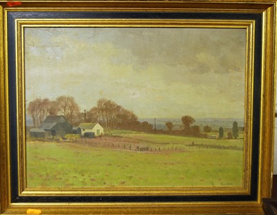 Lot 1027 - Norden - Landscape with farm buildings, oil on...