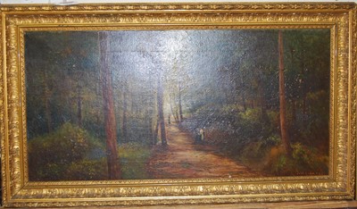 Lot 1039 - J Williamson - Figures on a woodland path, oil...