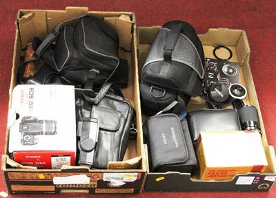 Lot 284 - Two boxes of assorted cameras and accessories,...