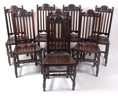 Lot 1384 - A set of eight antique joined oak dining...