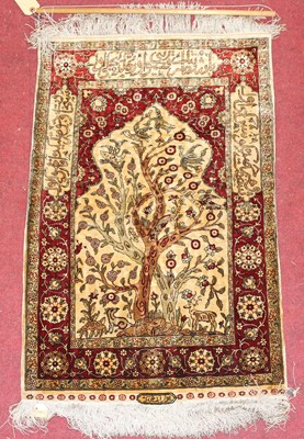 Lot 1365 - A Turkish silk Hereke Tree of Life prayer mat,...