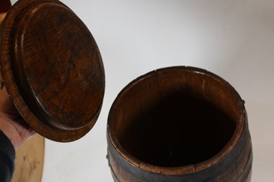 Lot 1 - A brass coopered oak barrel, with turned elm...