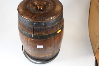 Lot 1 - A brass coopered oak barrel, with turned elm...