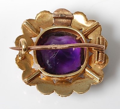 Lot 2546 - A yellow metal, amethyst and seed pearl...