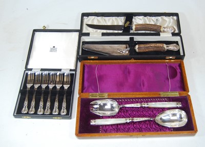 Lot 230 - A cased set of six silver plated pastry forks,...