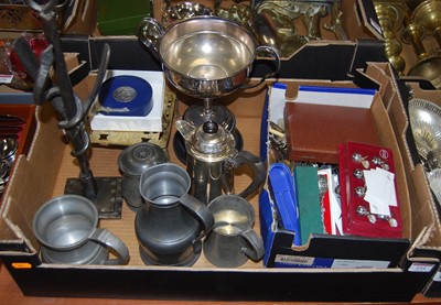 Lot 234 - A box of assorted metalware, to include pewter...