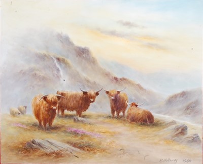 Lot 1051 - Milwyn Holloway - Highland cattle in a misty...