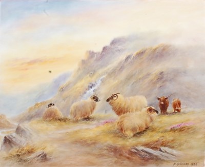 Lot 1052 - Milwyn Holloway - Highland cattle and sheep in...